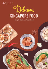 Poster template with Singapore cuisine concept,watercolor style