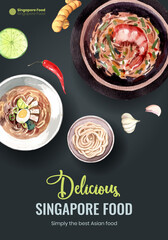 Poster template with Singapore cuisine concept,watercolor style