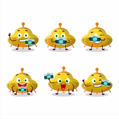 Photographer profession emoticon with UFO yellow gummy candy cartoon character