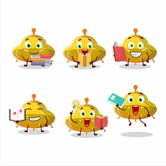 A picture of UFO yellow gummy candy cartoon character concept reading an amusing book