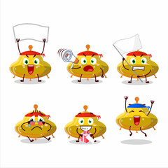 Mascot design style of UFO yellow gummy candy character as an attractive supporter