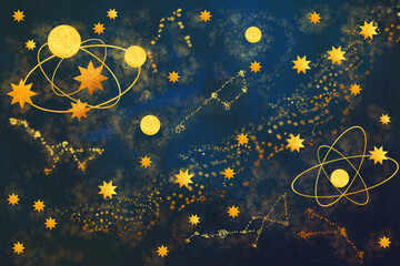 Starry sky with golden stars and the Milky Way, illustration on a blue background