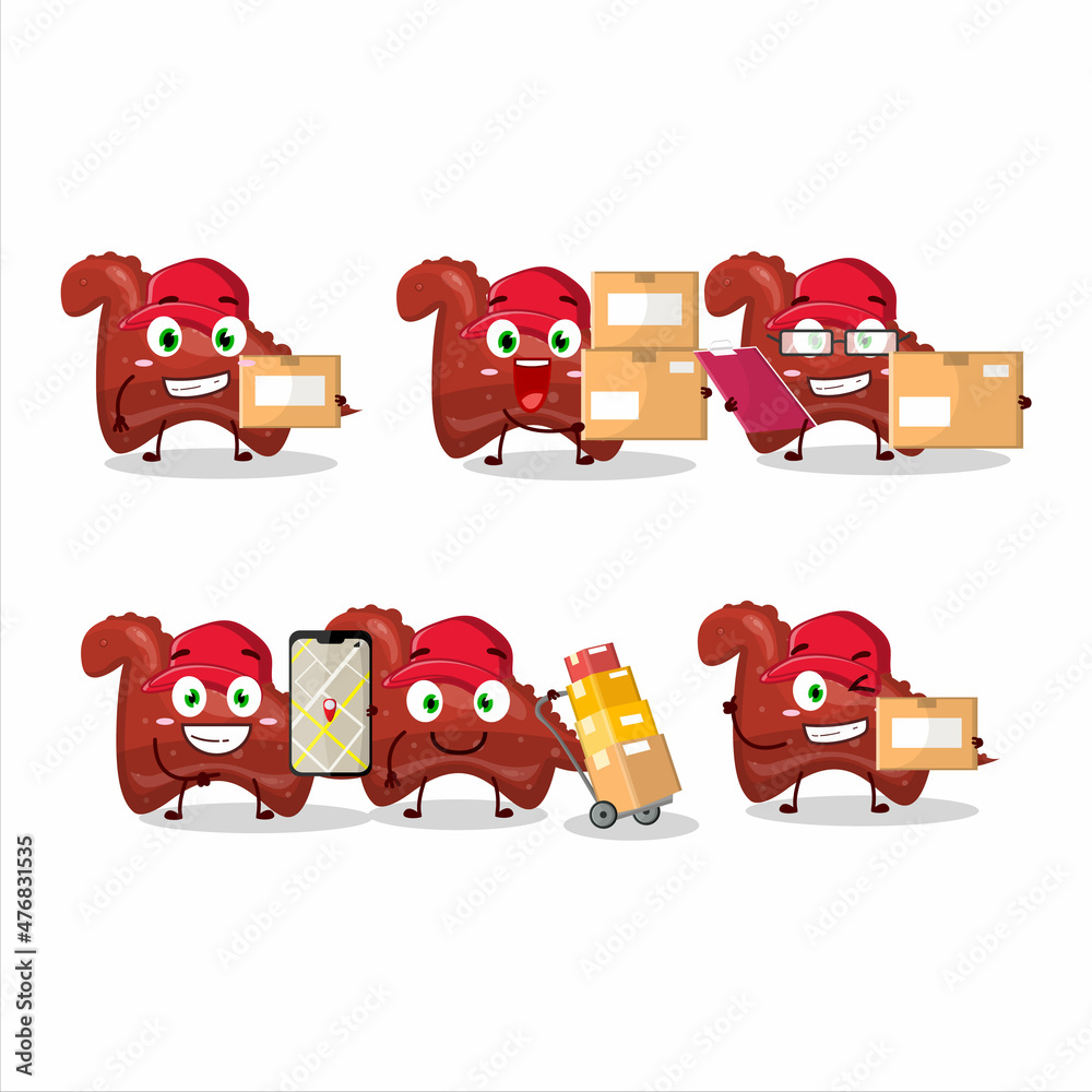 Wall mural Cartoon character design of red dinosaur gummy candy working as a courier