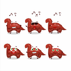 An image of red dinosaur gummy candy dancer cartoon character enjoying the music