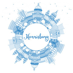 Obraz premium Outline Harrisburg Pennsylvania City Skyline with Blue Buildings and Copy Space.
