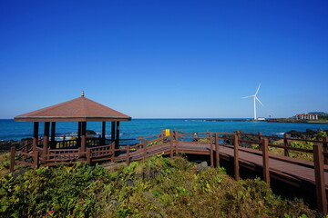 a beautiful seascape with a seaside walkway