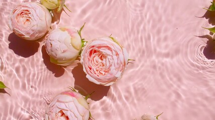 Pink rose flowers on water surface and of waves on pink background. Sun and shadows. Pure pink water with reflections sunlight and shadows in slow motion. Valentines day texture. High quality 4k  - Powered by Adobe