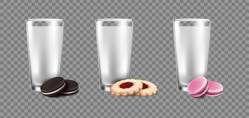 3d realistic vetor icon set. Glasses of milk with different types of cookies. Chocolated, linzer cookie, macaroon cookie. 
