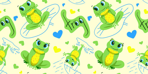 Seamless pattern with illustrations. Cute little Green Frog Smiles, Jumps, Hunts insects, dreams. A set of vector illustrations