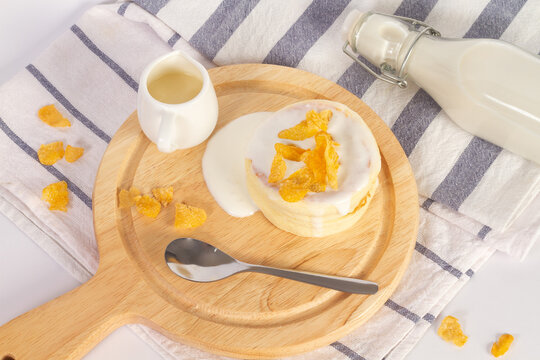 Menu pancake milk and conflex on table
