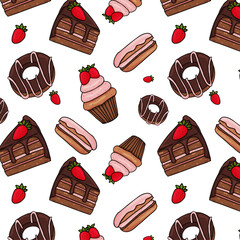 Seamless pattern of cupcakes, cake slices, donuts and macaron cakes. Without background. Juicy vector illustration in the style of hand drawing and doodle