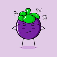 cute mangosteen character with thinking expression, close eyes and two hands on head. green and purple. suitable for emoticon, logo, mascot