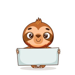 Cute sloth stay and holding a blank banner in his hands. Postcard in children's cartoon style. Vector illustration for designs, prints and patterns. Vector illustration © EnyaLis