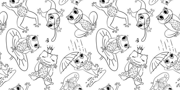 Seamless pattern coloring book with illustrations. Cute little Green Frog Smiles, Jumps, Hunts insects, dreams. A set of vector illustrations