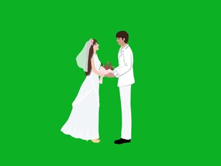 Fototapeta premium Marriage of a couple wearing a white wedding dress on a green background. Illustration made from tablets about love and starting a married life.