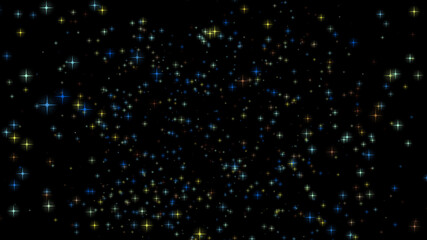 Futuristic flying, sparkling, shining, multicolored stars in outer space. A beautiful plan for a disco, holiday, conference. 3D. 4K. Isolated black background.