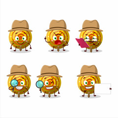 Detective yellow spiral gummy candy cute cartoon character holding magnifying glass