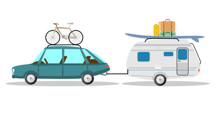 Car pulling camping trailer on white background. Side view of fifth wheel camper and truck. Camping caravan set. Isolated pickup with recreational vehicle vector illustration. Mobile home