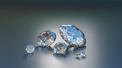 Group of Clear Diamonds on a light blue metal background. 3d rendering.