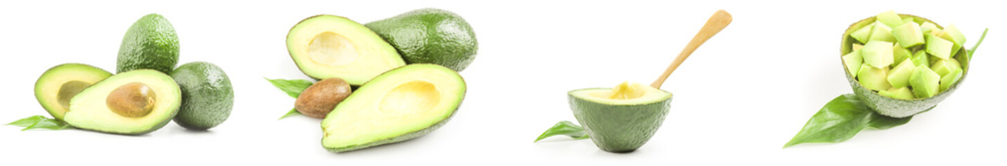 Collage of green avocados isolated on a white background cutout