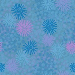 Abstract seamless blue background with stylized flovers and groups of specks.