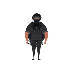 Special Law Enforcement Unit, man of Specialized Tactical Team, dressed in Army Combat Uniform and holding automatic firearm. Cartoon style. Vector illustration