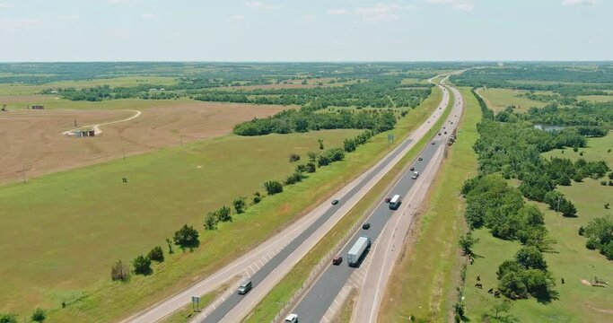 Panoramic top view sunny day of highway 66 interchange road near small town Clinton in Oklahoma US
