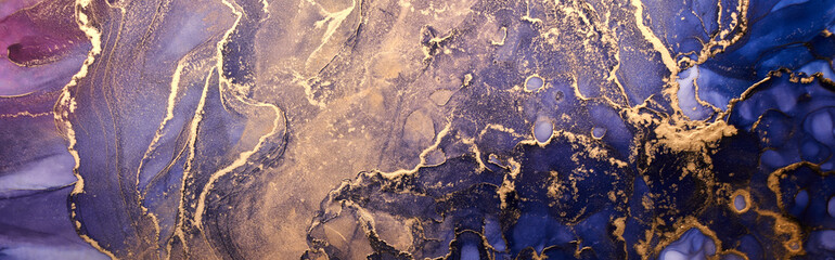 Luxury abstract background in alcohol ink technique, indigo blue gold liquid painting, scattered acrylic blobs and swirling stains, printed materials.
