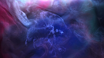 Blue pink smoke on black ink background, colorful fog, abstract swirling ocean sea, acrylic paint...