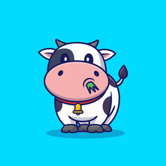 Cute Cow Eating Grass Cartoon Vector Icon Illustration. Animal Nature Icon Concept Isolated Premium Vector. Flat Cartoon Style