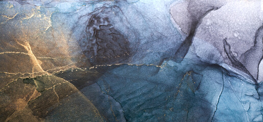 Luxury abstract background in alcohol ink technique, indigo blue gold liquid painting, scattered...