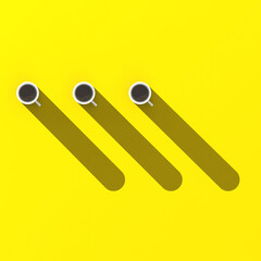 Three white cups of coffee on yellow background. Long shadow from cups. shadow drawing. square image. 3D image. 3D rendering.
