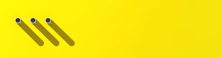 Three white cups of coffee on yellow background. Long shadow from cups. shadow drawing. horizontal image. Banner for insertion on site. 3D image. 3D rendering.