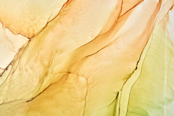Abstract ocher green watercolor background. Yellow orange brown paint stains and spots in water,...