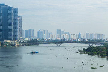 One of view of Ho Chi Minh city, urban with many office building, state bank, luxury hotel by Saigon river