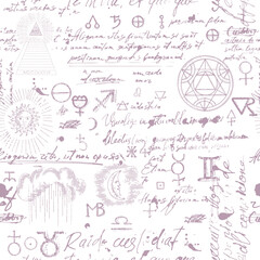 Seamless esoteric pattern. Alchemy, magic, witchcraft and mysticism are esoteric symbols. Background from a manuscript with occult sketches and careless handwritten text in retro style