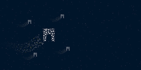 A arch symbol filled with dots flies through the stars leaving a trail behind. Four small symbols around. Empty space for text on the right. Vector illustration on dark blue background with stars