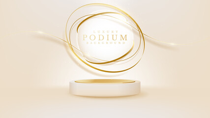 Realistic cream color podium with gold ribbon elements with glitter light effect. Luxury banner background design.