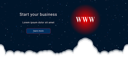 Business startup concept Landing page screen. The www symbol on the right is highlighted in bright red. Vector illustration on dark blue background with stars and curly clouds from below