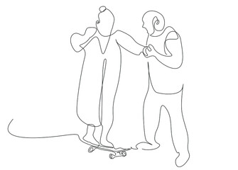 old couple having fun together. old husband makes his wife use a skateboard