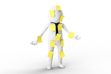 3D Man is Covered with Yellow Sticky Notepads Against White