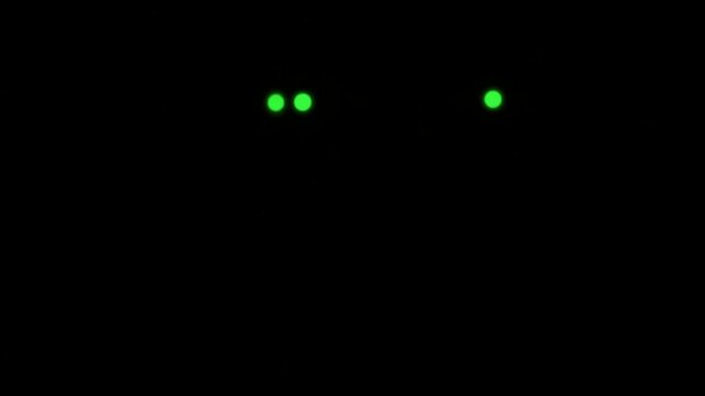 Wi-Fi router or modem light blinking. Wireless internet connection. Flashing green warning lights in black darkness. The process of transferring information through modern means of communication.