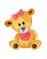 one isolated watercolor brown teddy bear with pink bow on white background.