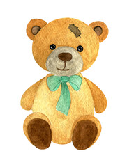one isolated watercolor brown teddy bear with green bow on white background.