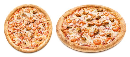 Delicious pizza with seafood, isolated on white background