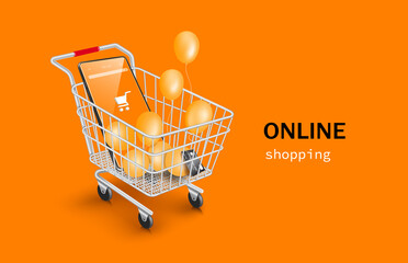 smartphone,credit card and balloons are floating and all object in shopping cart for delivery and online shopping concept design,vector 3d virtual on orange background for advertising © John k studio