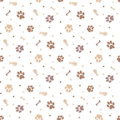 Paw, fish bone, bone pattern. Cute color design. Modern print.