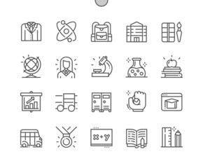 School day. Exercise book. Stationery. Schoolgirl. Economics, music and chemistry. Pixel Perfect Vector Thin Line Icons. Simple Minimal Pictogram