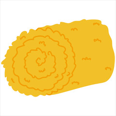 Round haystack of dried straw, bale roll in cartoon style isolated on white background, farming design element