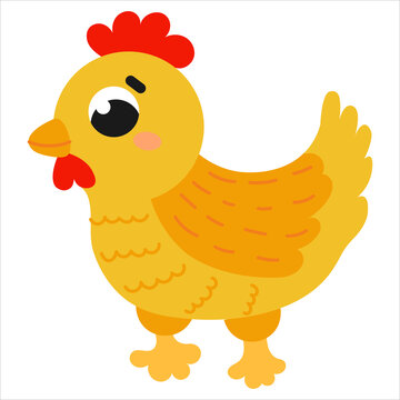 Hen in cartoon style isolated on white background, farm animal, rural lifestyle concept for children books